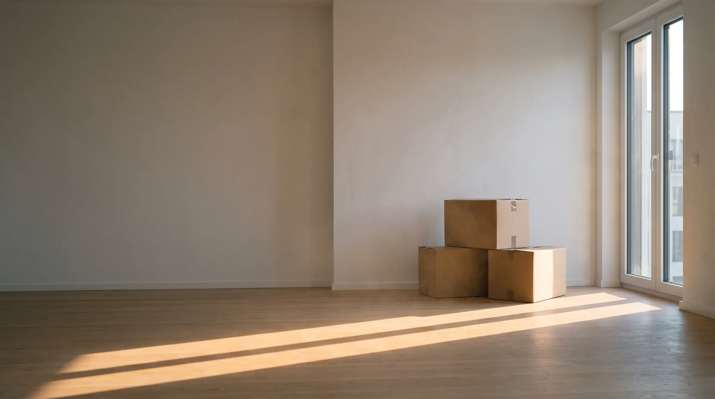 Departamento vacío con cajas de mudanza selladas y luz de tarde entrando por el ventanal