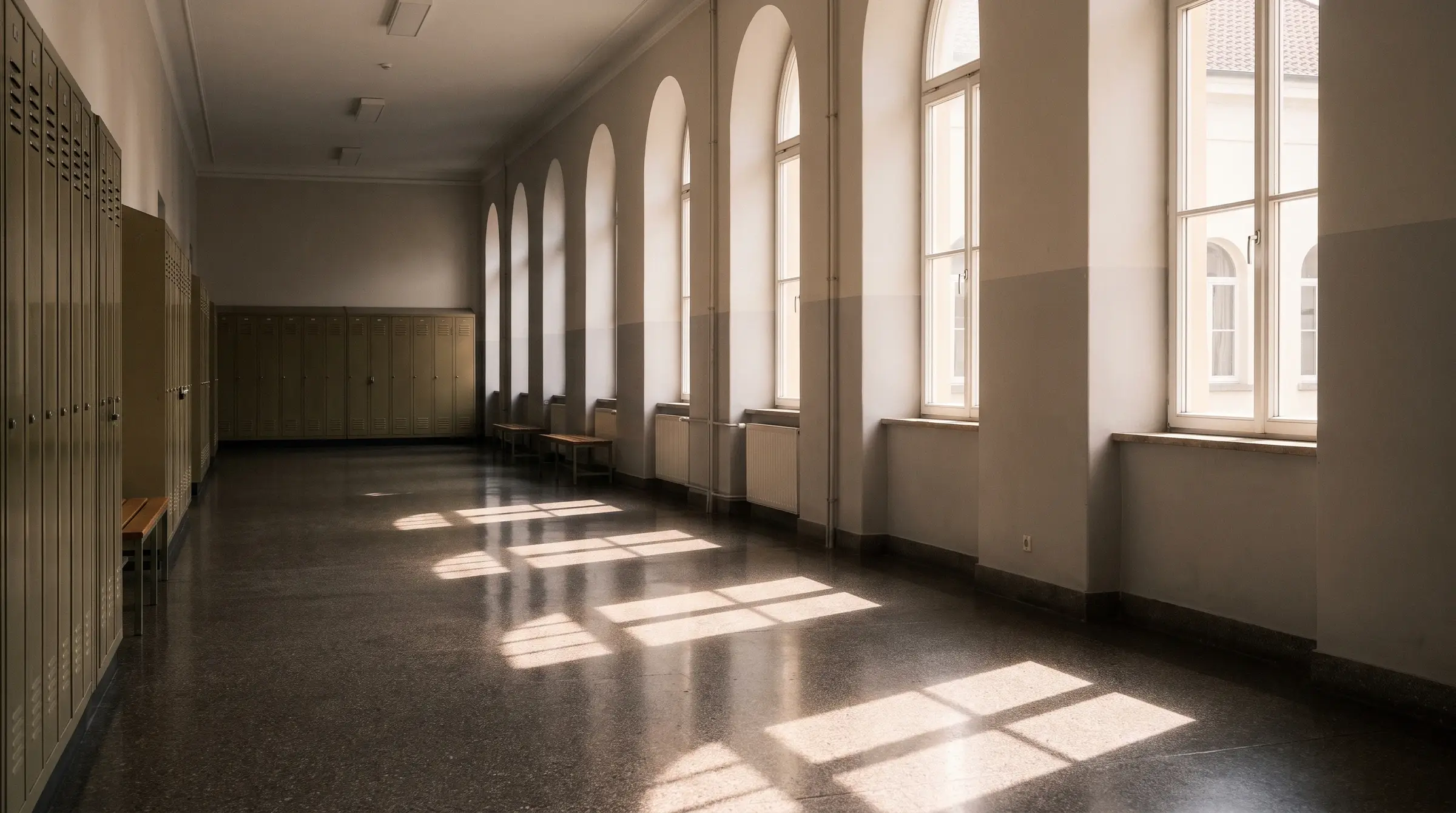 Empty school hallway with light coming through the windows